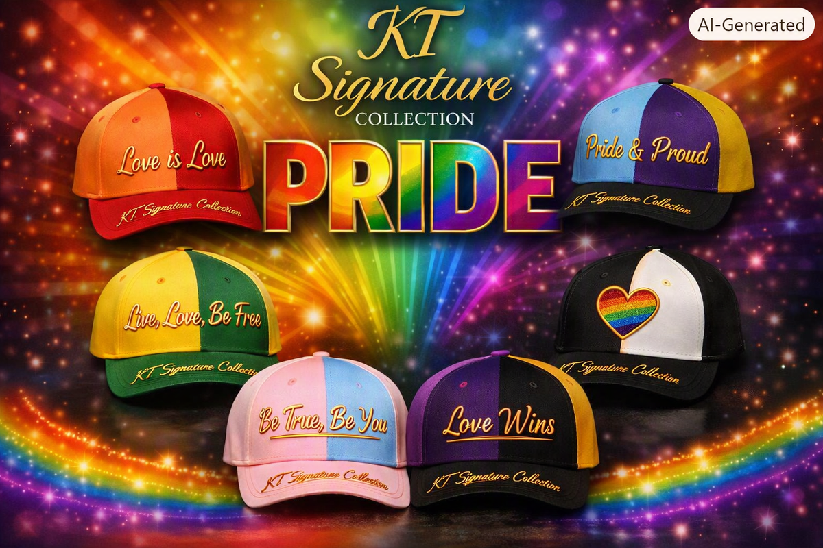 KT Signature Collection Pride Cap Line – bold two-tone caps celebrating love and identity