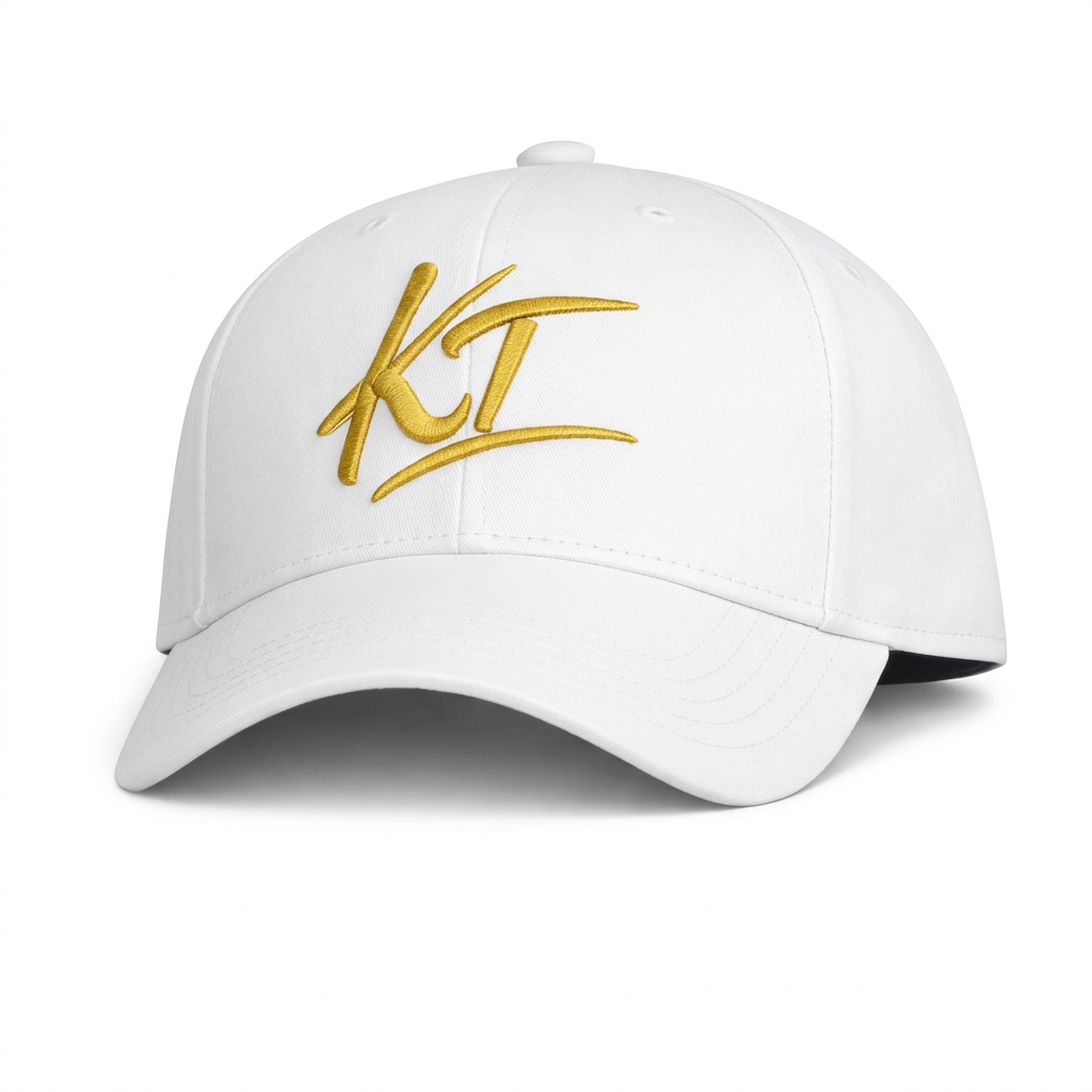 White cap concept with gold KT front embroidery